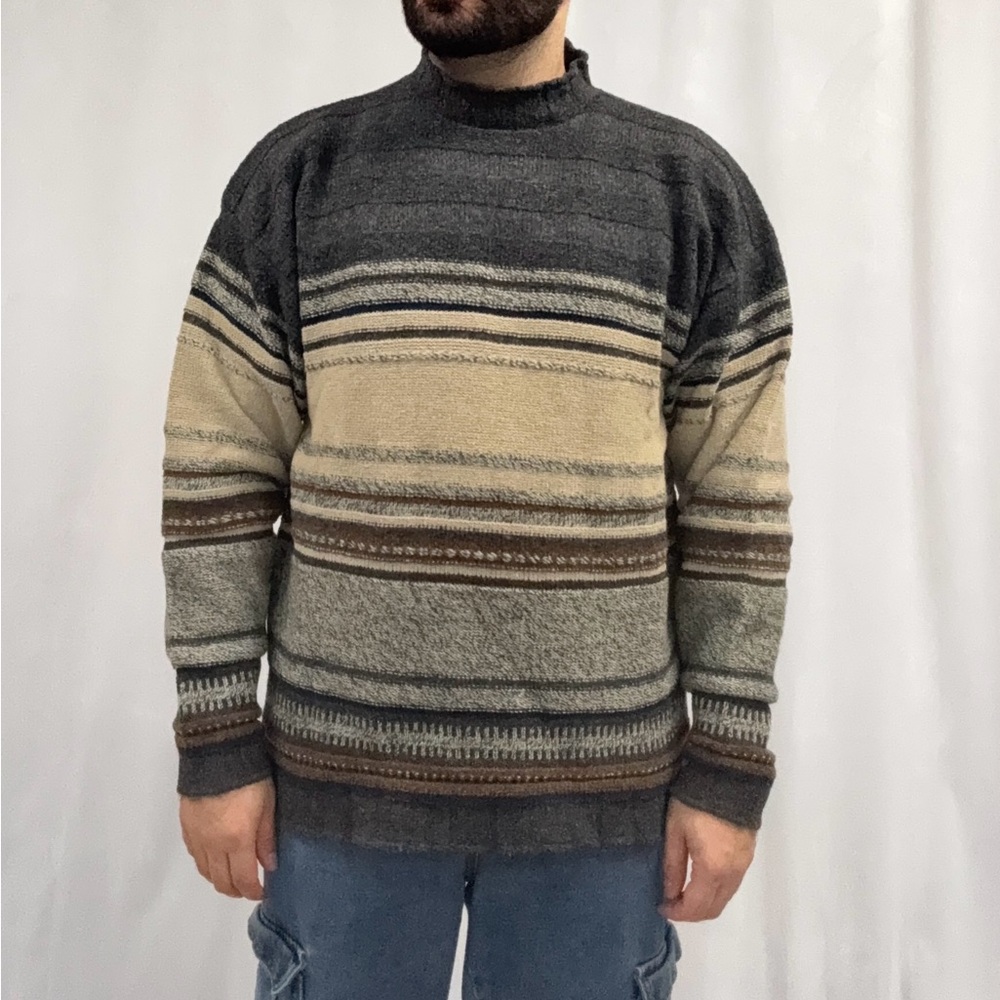 Vintage Wilke Rodriguez Men's Striped Sweater - Gray, Cream, and Brown Size M